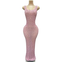 Robe de soirée rose en maille perlée, robe moulante transparente ornée de cristaux, robe de bal pour femme, robe de soirée scintillante avec strass, robe de cérémonie