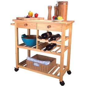 Chariot de cuisine en bois à <span class=keywords><strong>roulettes</strong></span> <span class=keywords><strong>avec</strong></span> étagères de rangement et porte-bouteille - Product Image 1