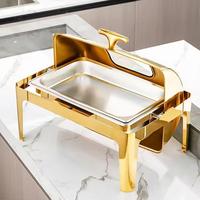 Plats de service chauffants à couvercle roulant 9L pour mariages, buffets, en acier inoxydable doré, chauffe-plats dorés