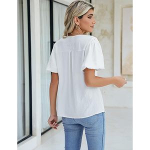 Blusa blanca para mujer con cuello en V, manga corta abullonada, gasa transpirable, top de verano, atuendo informal de trabajo - Product Image 2