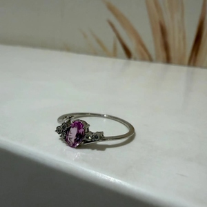 Bague en or massif 14 carats avec saphir rose naturel et diamant, pierre précieuse ovale inclinée, pierre de naissance, bijou de fiançailles, cadeau pour elle - Product Image 6