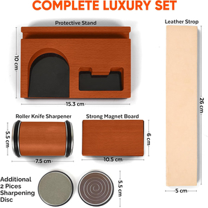 Kit d'affûtage de couteaux GILLY - Ensemble magnétique 6 pièces diamant et céramique avec guide d'angle 15/20, 4 disques, en cuir, écologique, taille moyenne - Product Image 5