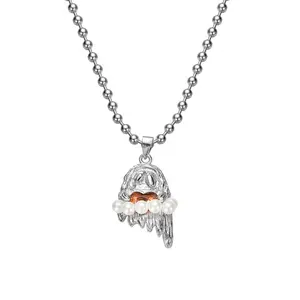 Toderi New Arrival Cute Ghost S925 Silver Hiphop Jewelry Champagne CZ Pendant Pearls Necklace Jewel For Girls Chains