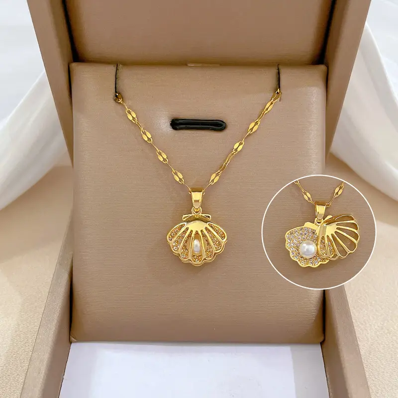 Collar de joyería de moda con colgantes de perlas de concha de piedras preciosas collares chapados en oro de acero para mujer