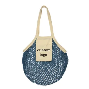 Custom With Logo Printed Pocket Organic Cotton Reusable Net Shopping Tote Cotton Mesh Produce Bags