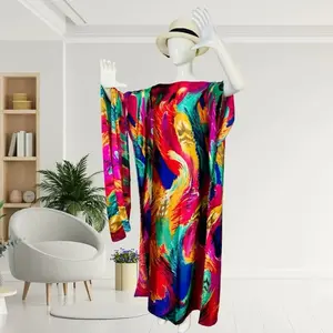 Manufacturer Ladies Fashion Silk Printed Dresses Gowns Luxury Designer Silk Robes With Scarf African Women Loose Silk Gowns