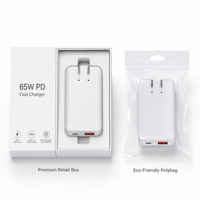 Chargeur rapide PowerEric EU Plug PD65W Gan avec PD3.0, câble rétractable pliable, 2 ports USB pour ordinateur portable