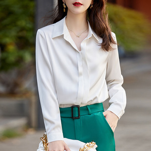 Women's Green Satin Shirt Long Sleeve Solid Color Office Wear Professional Blouse Spring Autumn 2024 - Product Image 2