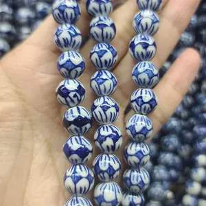 CC1888-Cuentas redondas de porcelana azul y blanca, pintadas a mano, de cerámica, China, azul y blanco, cuentas de longevidad doble, 12MM