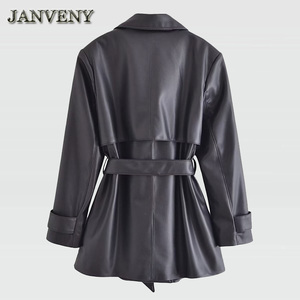 JANVENY 2024 nouveau printemps automne en <span class=keywords><strong>cuir</strong></span> PU <span class=keywords><strong>Trench</strong></span> ceinturé veste femmes revers col ceintures Faux <span class=keywords><strong>cuir</strong></span> <span class=keywords><strong>court</strong></span> coupe-vent manteau - Product Image 5