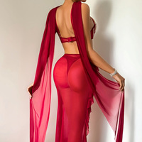Lencería Sexy de Alta Calidad, Conjunto de Sujetador con Aros, Tanga y Falda Larga de Malla Transparente Roja, Venta al Por Mayor, OEM, Marca Privada, Nueva Moda