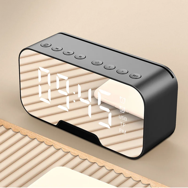Multi-functional LED Dimmable Display FM Radio Wireless Speaker Dual-Alarm Mirror Alarm Clock with TF Card