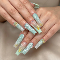 Uñas Postizas de Ataúd de 5 Estilos de Moda al por Mayor: Borgoña, Leopardo, Floral, Ombre, Mariposa, 3D, Perlas, Brillo, Reutilizables, Set de Presión para Dedos