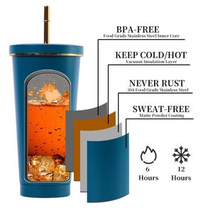 Custom Logo 500Ml 750 Ml Double Wall Stainless Steel <b>Coffee</b> Water Juice Cup With Straw Sublimation Tumbler - Product Image 2