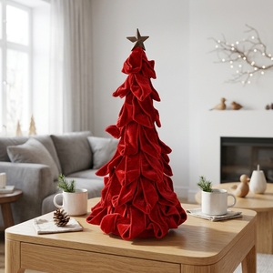 Décoration de Noël <span class=keywords><strong>en</strong></span> velours rouge avec nœuds, volants bordeaux à plusieurs niveaux, étoile <span class=keywords><strong>bronze</strong></span> de luxe, et arbre conique de style traditionnel pour cheminée - Product Image 2