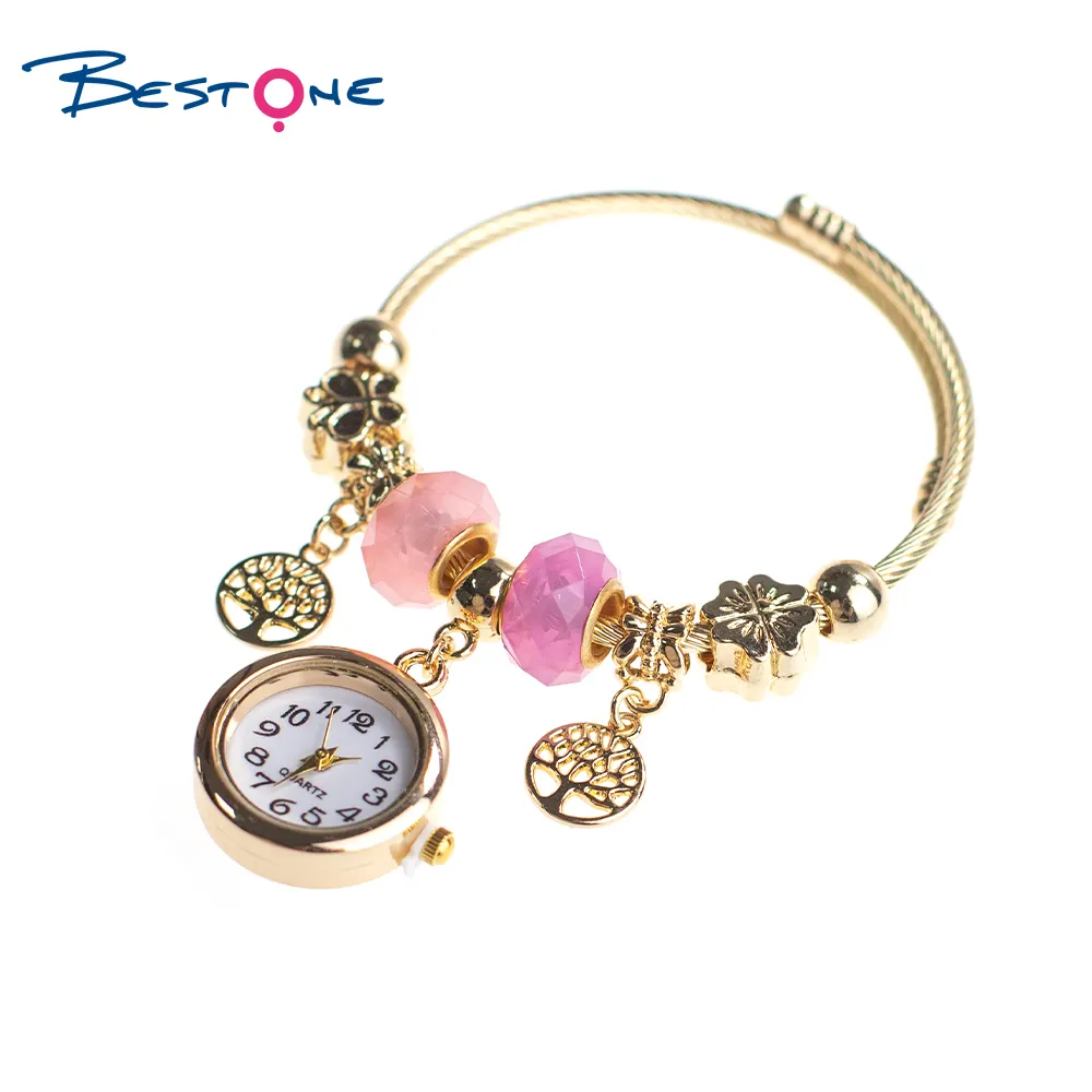 Bestone Fashion Ladies Stainless Steel Watch Women Wrist Watch Gold Plated Big Hole Beads Charm Bangle Bracelet
