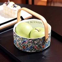 Keramische bloemenvormige fruitschaal met houten handvat, elegante porseleinen fruitschaal met handvat