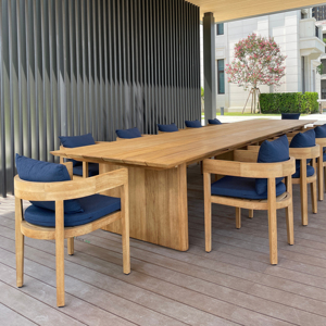Ensemble <span class=keywords><strong>de</strong></span> <span class=keywords><strong>table</strong></span> à manger en teck d'extérieur avec fauteuils en bois massif et coussins bleu marine pour hôtels, stations balnéaires, restaurants, <span class=keywords><strong>jardin</strong></span>, patio, meubles d'extérieur - Product Image 1