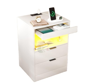 Table de chevet moderne blanche à LED avec station de charge, ports USB et prises électriques, tiroir pour les petites chambres - Product Image 1