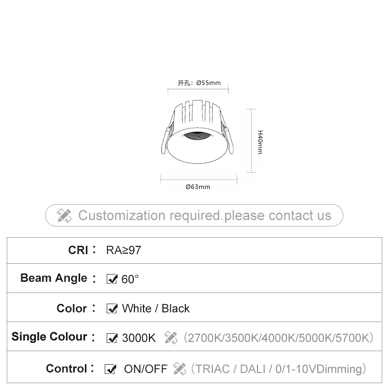 YX-langqin2-2/9W 3000K Negro 60° 55mm