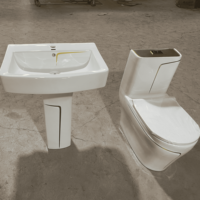 Vente en gros de WC design de luxe, couleur blanche, ligne dorée, lavabo au sol, salle de bain, évier sur pied en céramique, ensembles de toilettes une pièce