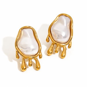 Boucles d'oreilles en perles organiques, acier inoxydable, plaqué or 14 carats sous vide, fausses perles sculpturales, boucles d'oreilles pendantes - Product Image 1
