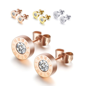 <b>Titanium</b> Steel <b>Stud</b> Earrings Rose Gold Zircon Round Bezel Setting Geometric Design Fashion Piercing Jewelry - Product Image 5