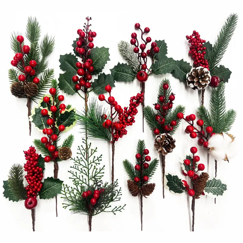 Christmas Simulation Pine ruit Branches Snowflake Pine Needle Berries Red Fruit Branches Festive Decoration Christmas