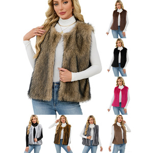 Veste tendance en fausse fourrure pour <span class=keywords><strong>femme</strong></span>, col en V, <span class=keywords><strong>sans</strong></span> manches, couleur unie, veste longue en fourrure artificielle, vente chaude - Product Image 1