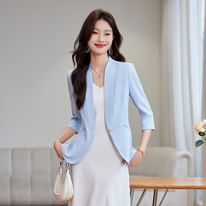Women's Thin Blazer White Three Quarter Sleeve Solid Color Breathable Suit Top - Product Image 4