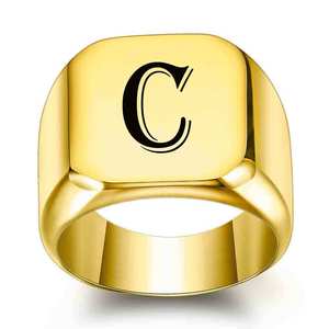 Bague pour homme en acier inoxydable plaqué or 18 carats, carrée 18 mm, avec lettre A gravée, bijou tendance, cadeau - Product Image 3