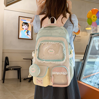 Sac à dos d'étudiant mignon en patchwork pastel avec poche transparente en PVC, décor en dentelle, sac d'école avec porte-monnaie détachable