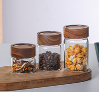 Pot de conservation rond en verre borosilicate transparent de qualité alimentaire, fait à la main, avec couvercle à vis en bois pour la cuisine