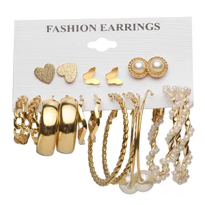 Anting-anting kancing logam emas, perhiasan Set anting-anting menjuntai lingkaran zirkonia kubik mutiara geometris modis untuk wanita