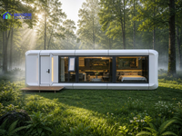 Capsule spatiale confortable avec grande fenêtre d'observation et éclairage intérieur chaleureux pour retraite en forêt