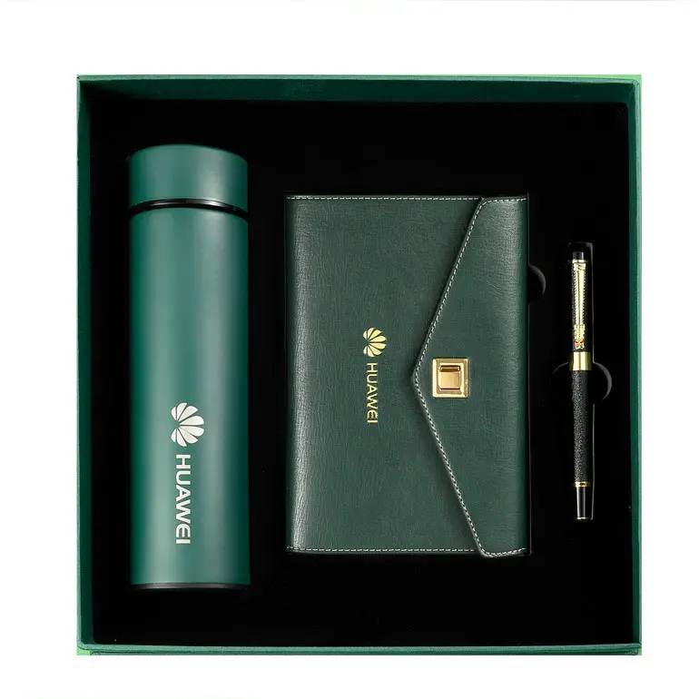Anpassbares Corporate Luxury Loose-Leaf-Buch-Geschenkset mit LED-Thermoskanne Benutzer definiertes Logo Leder-Notebook-Geschenk box mit Stift