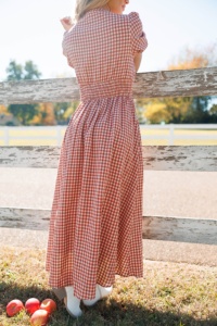 Women's <strong>Red</strong> White <strong>Gingham</strong> v Neck Puff Sleeve High Waist Maxi Dress for Vocation or Daily Wear - Product Image 2