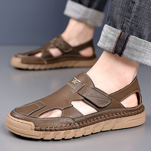 Sandales plates en cuir véritable pour hommes, à bout ouvert, antidérapantes, décontractées, pour la plage, pour l'été, pour l'extérieur - Product Image 2