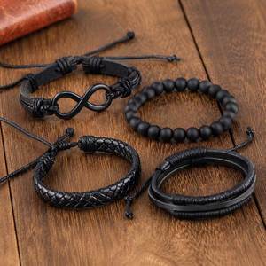 Vintage Unisex Women Men Black Bead PU Leather Trendy Feather <b>Crystal</b> Rhinestone Hollow Triangle Multi Layer Engagement <b>Bracelet</b> - Product Image 6
