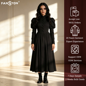 <span class=keywords><strong>Robe</strong></span> de créateur en gros de Chine 2026, <span class=keywords><strong>Robe</strong></span> de cour noire vintage victorienne, Col montant, Manches bouffantes, Taille cintrée, Coupe évasée, Style nonnette - Product Image 1