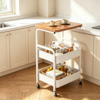 Chariot utilitaire roulant à 3 niveaux avec plateau en bois, chariot de rangement en métal pour cuisine, salle de bain, bureau, étagère mobile d'organisation