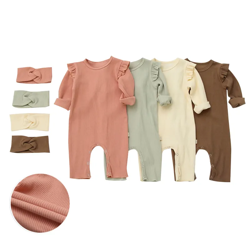 Grote Voorraad Babykleding Lange Mouwen Geribbelde Baby Romper Voor Pasgeboren Unisex Baby Ruches Romper Met Hoeden