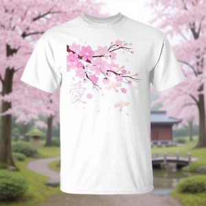 T-shirt premium con ramo di fiori di ciliegio Sakura e simbolo dell'amore giapponese - Product Image 4