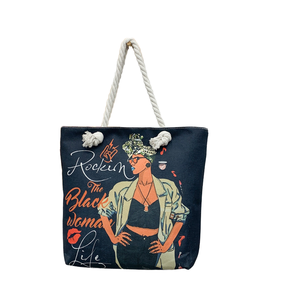 Wholesale African Black Girl Art Print Shoulder Handbags Custom Logo <strong>Fun</strong> Cartoon Pattern Canvas Tote <strong>Bag</strong> with Rope Handle - Product Image 1