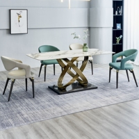 Meubles de salle à manger modernes, table à manger de forme globulaire, plateau en pierre, base en métal, rectangle