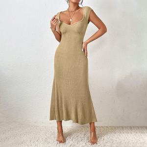 Vestido Bodycon de Punto Acanalado para Mujer, Estilo Casual, Largo Midi, Sin Mangas o Manga Corta, Venta al por Mayor, Estilo Sencillo, Estampado o Liso - Product Image 4