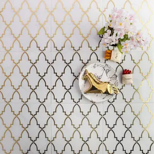 Foshan duş banyo lüks otel koridor projesi 200x200mm beyaz altın kalkan desen porselen fas fayans duvar ve zemin