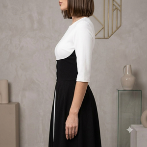 Robe midi élégante bicolore avec détails boutonnés, manches trois-quarts, coupe trapèze ajustée, pour le bureau, vente en gros, OEM ODM - Product Image 3
