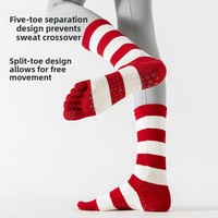 Chaussettes de yoga tricotées à 5 doigts en coton (90 %) rouges, rayées, mi-mollet, antidérapantes, pour l'automne, fitness intérieur, Pilates, sport pour femmes