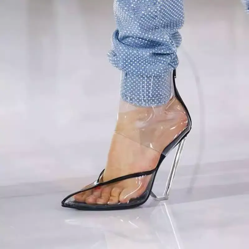 2023 Tikmena कस्टम गर्मियों catwalk नई क्रिस्टल जूते कील बड़े आकार उच्च एड़ी बताया पैर की अंगुली सेक्सी पारदर्शी सैंडल